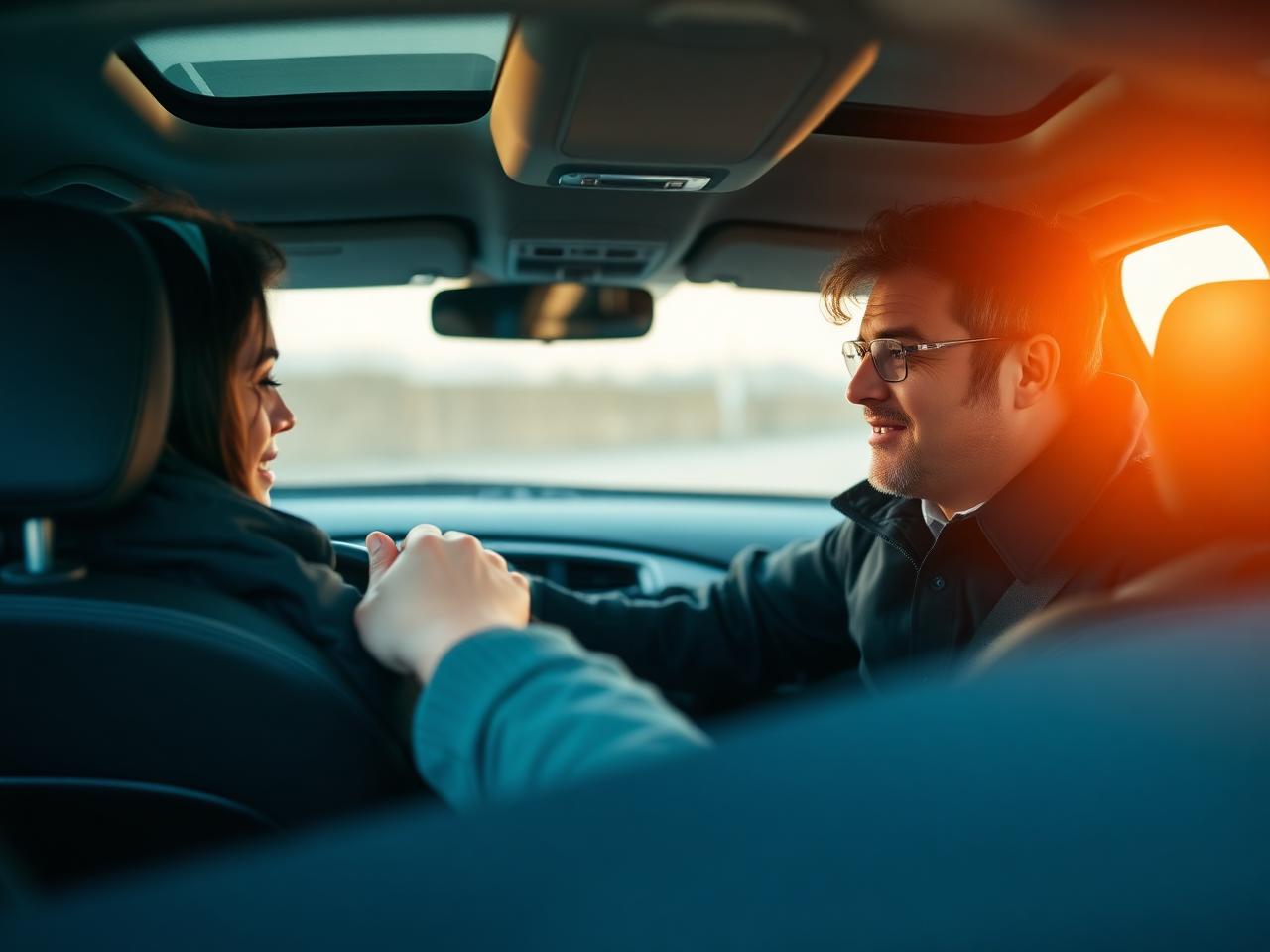 Driving instructor coaching student inside dual-control car